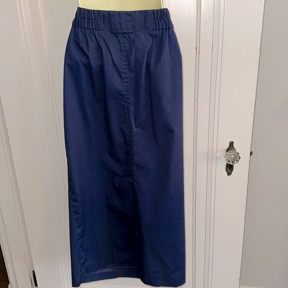 Vintage 80s Chaus Navy Blue Pleat Front Straight Midi Polyester/Cotton Skirt - Picture 5 of 8